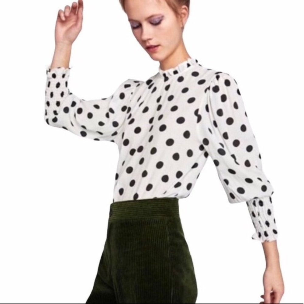Sold Zara Woman Polka Dot Smocked Blouse NWT Size S - Picture 1 of 7